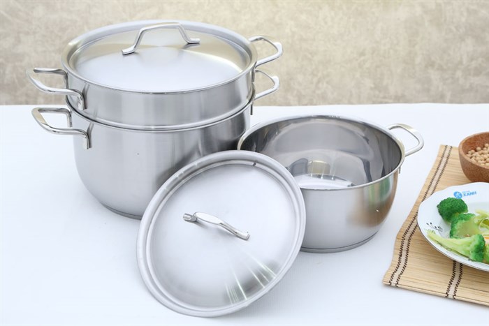 Bộ 5 nồi xửng quánh chảo 3 đáy Fivestars FS08C Màu Inox