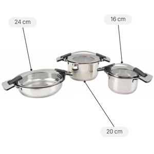 Bộ 3 nồi inox 3 đáy nắp kính Happycook Bon Appetit Lite HC-06BA