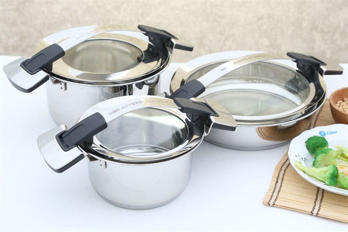 Bộ 3 nồi inox 3 đáy nắp kính Happycook Bon Appetit Lite HC-06BA Màu Inox