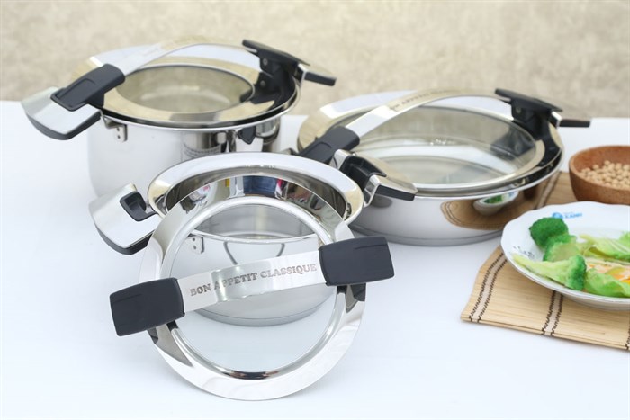 Bộ 3 nồi inox 3 đáy nắp kính Happycook Bon Appetit Lite HC-06BA Màu Inox