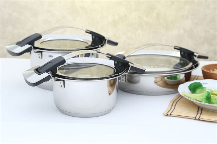 Bộ 3 nồi inox 3 đáy nắp kính Happycook Bon Appetit Lite HC-06BA Màu Inox