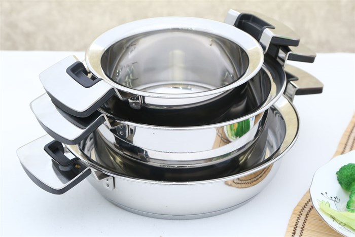 Bộ 3 nồi inox 3 đáy nắp kính Happycook Bon Appetit Lite HC-06BA Màu Inox