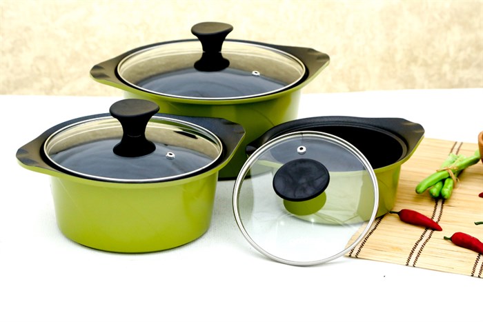 Bộ 3 nồi nhôm đúc nắp kính Goldsun AD02-3106AG Màu Xanh lá