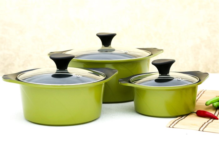 Bộ 3 nồi nhôm đúc nắp kính Goldsun AD02-3106AG Màu Xanh lá