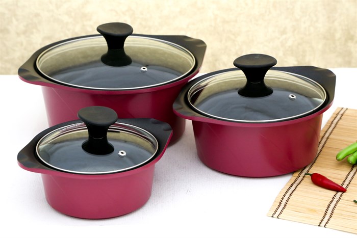 Bộ 3 nồi nhôm đúc nắp kính Goldsun AD02-3106AG Màu Hồng