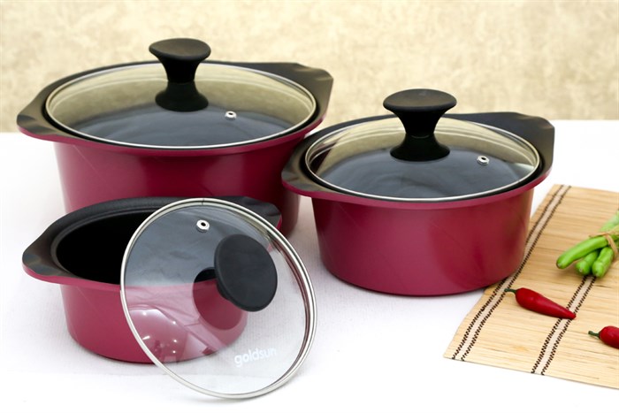 Bộ 3 nồi nhôm đúc nắp kính Goldsun AD02-3106AG Màu Hồng