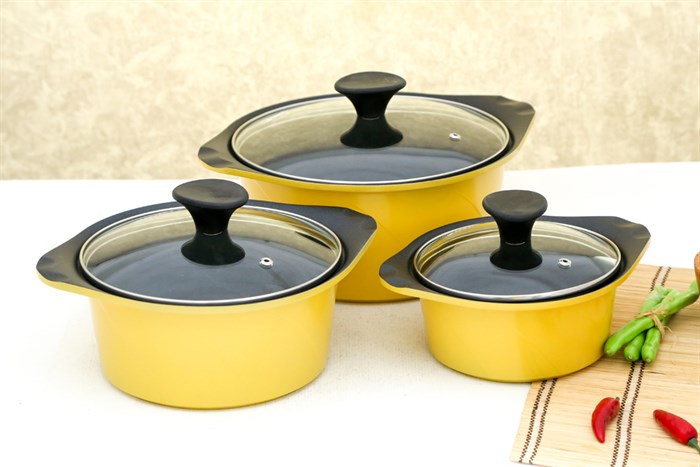 Bộ 3 nồi nhôm đúc nắp kính Goldsun AD02-3106AG Màu Vàng