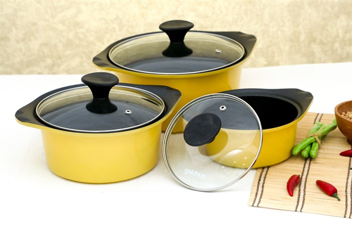 Bộ 3 nồi nhôm đúc nắp kính Goldsun AD02-3106AG Màu Vàng