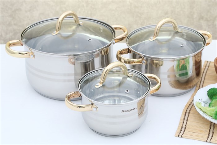 Bộ 3 nồi inox 3 đáy 16, 20, 24 cm Kangaroo KG157 Màu Inox
