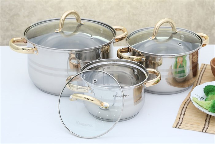 Bộ 3 nồi inox 3 đáy 16, 20, 24 cm Kangaroo KG157 Màu Inox
