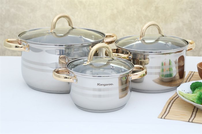 Bộ 3 nồi inox 3 đáy 16, 20, 24 cm Kangaroo KG157 Màu Inox