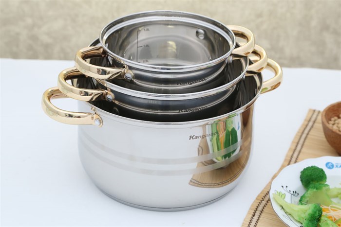 Bộ 3 nồi inox 3 đáy 16, 20, 24 cm Kangaroo KG157 Màu Inox