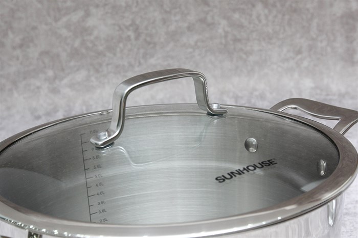 Nồi inox 5 đáy nắp kính 28 cm Sunhouse SH779-28 Màu Inox