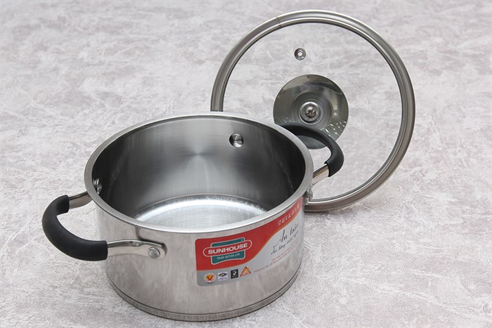 Nồi inox 3 đáy nắp kính 16 cm Sunhouse SHG24316 Màu Xám