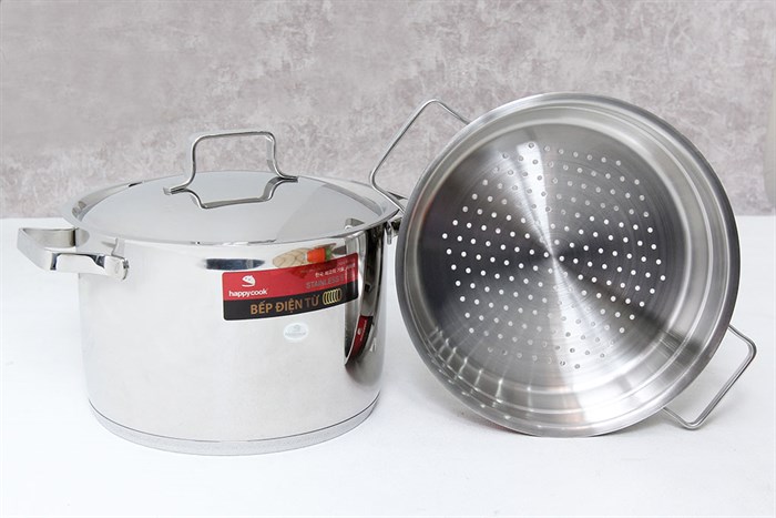 Bộ nồi xửng inox 3 đáy nắp inox 24 cm Happycook Milan ST24-ML Màu Inox