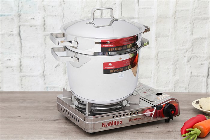 Bộ nồi xửng inox 3 đáy nắp inox 24 cm Happycook Milan ST24-ML Màu Inox