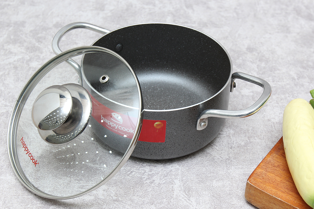 Nồi nhôm chống dính nắp kính 16 cm Happycook N16-WA Màu Xám