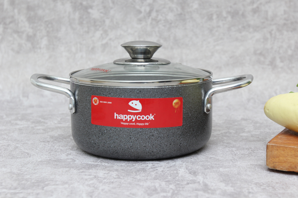 Nồi nhôm chống dính nắp kính 16 cm Happycook N16-WA Màu Xám