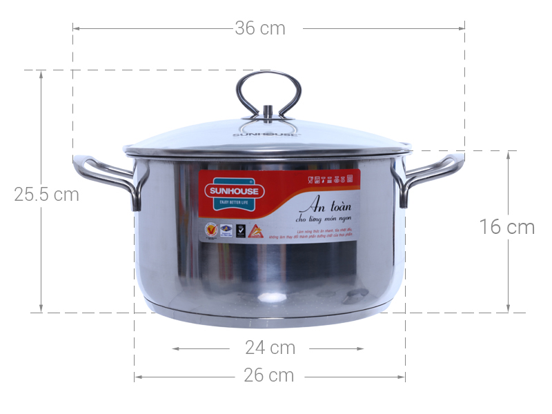 Nồi inox 3 đáy nắp kính 26 cm Sunhouse SHG24126