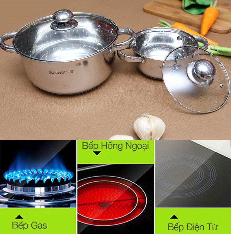 Bộ 2 nồi inox 3 đáy Sunhouse SH332