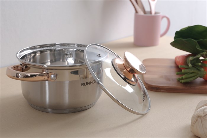 Nồi inox 5 đáy nắp kính 16 cm Sunhouse SHG24216 Màu Inox