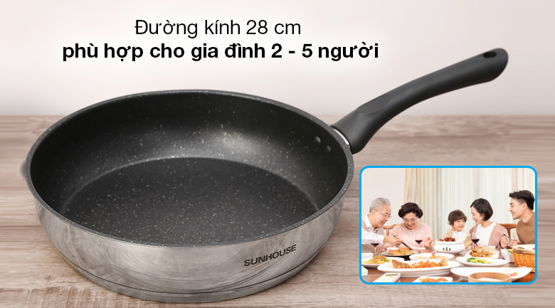 Chảo inox 5 đáy chống dính 28cm Sunhouse IN28M4 - Đường kính chảo chống dính Sunhouse 28 cm