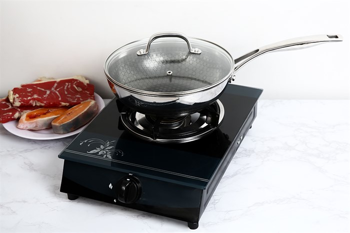 Chảo inox sâu chống dính nắp kính đáy từ 24 cm Kims Cook N224MZ Màu Inox