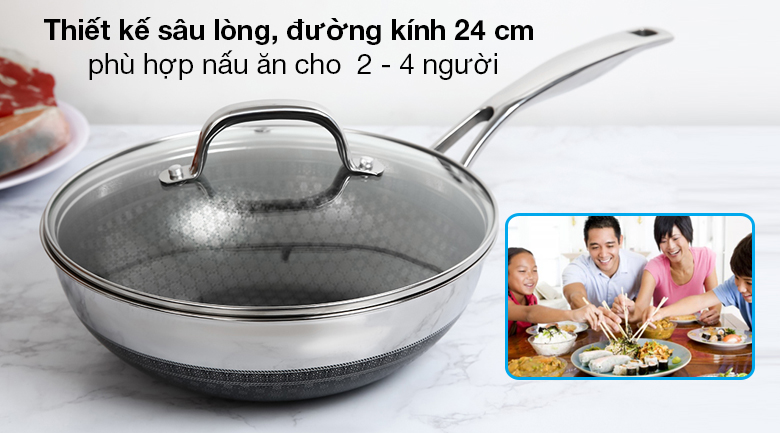 Chảo inox sâu chống dính nắp kính đáy từ 24cm Kims Cook N224MZ - Thiết kế dạng sâu lòng, đường kính 24 cm chiên ngập dầu được nguyên con cá dưới 1.2 kg