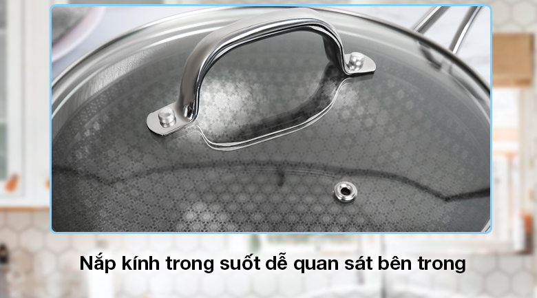 Chảo inox sâu chống dính nắp kính đáy từ 24cm Kims Cook N224MZ - Nắp kính trong suốt dễ theo dõi quá trình chế biến và chống văng bắn dầu khi chiên