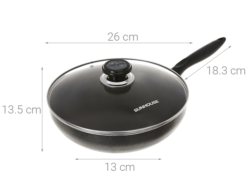 Chảo nhôm sâu chống dính nắp kính 26 cm Sunhouse SHS26K