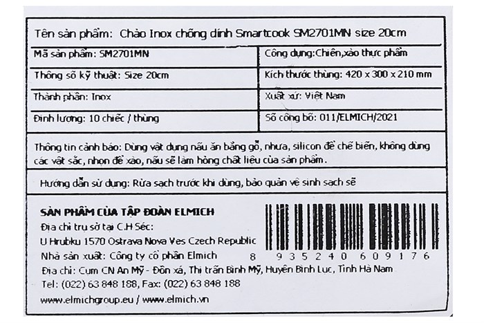 Chảo inox chống dính 20 cm Elmich Smartcook SM2701MN Màu Inox