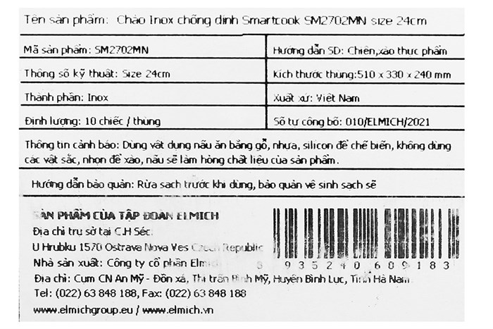 Chảo inox chống dính đáy từ 24 cm Elmich Smartcook SM2702MN Màu Inox