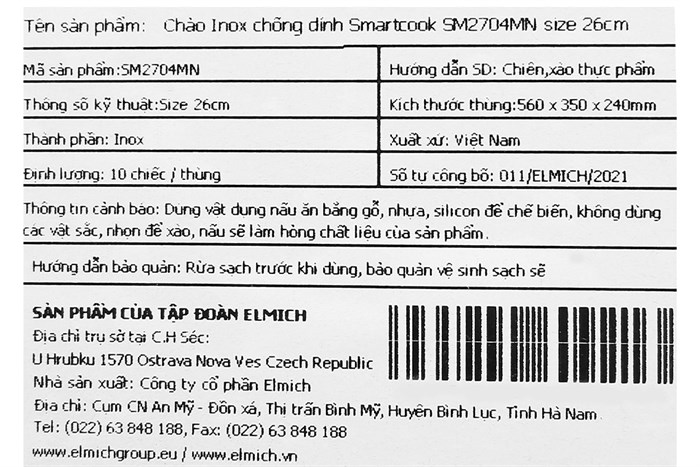 Chảo inox chống dính 26 cm Elmich Smartcook SM2704MN Màu Inox