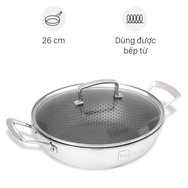 Chảo Inox Sâu Chống Dính Tổ Ong Đáy Từ Nắp Kính 26 Cm Fivestar Fpc24004