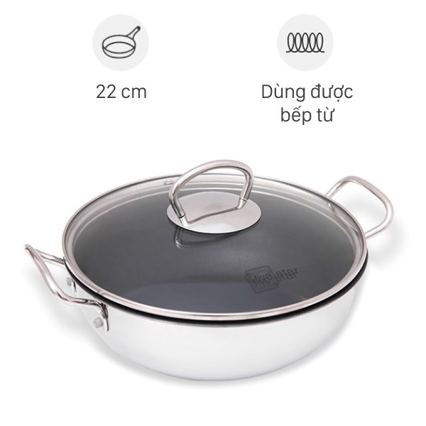 Chảo Inox Sâu Chống Dính Đáy Từ Nắp Kính 22 Cm Fivestar W22 - 3Dg