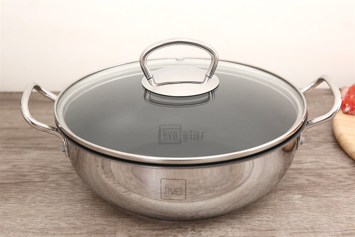 Chảo inox sâu chống dính đáy từ nắp kính 22 cm Fivestar W22-3DG Màu Trắng - Xám
