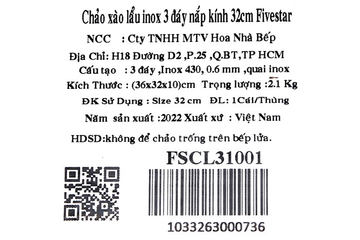 Chảo inox sâu đáy từ nắp kính 32 cm Fivestar FSCL31001 Màu Trắng - Xám
