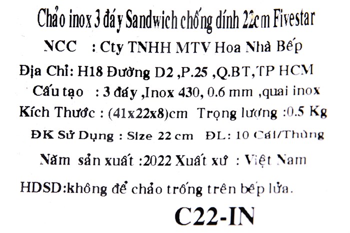 Chảo inox sâu chống dính đáy từ 22 cm Fivestar C22-IN Màu Trắng - Xám