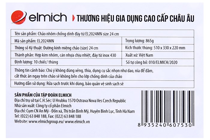Chảo nhôm sâu chống dính vân đá đáy từ 24 cm Elmich EL2024MN Màu Vàng đồng