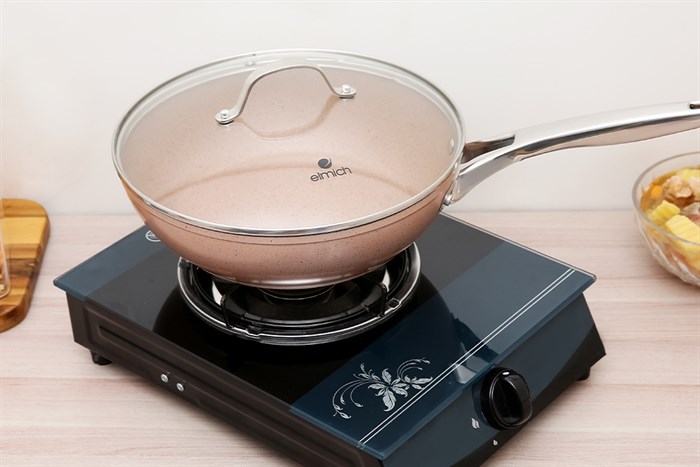 Chảo nhôm chống dính vân đá đáy từ nắp kính 28 cm Elmich Fusion EL-3969 Hồng Màu Hồng