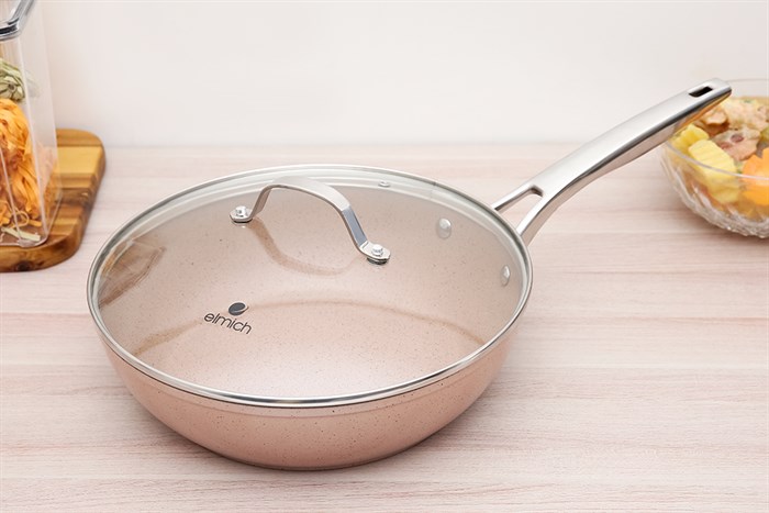 Chảo nhôm chống dính vân đá đáy từ nắp kính 28 cm Elmich Fusion EL-3969 Hồng Màu Hồng