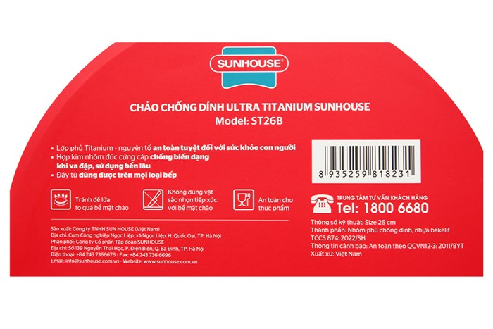 Chảo nhôm chống dính Ultra titanium đáy từ 26 cm Sunhouse ST26B Màu Đen