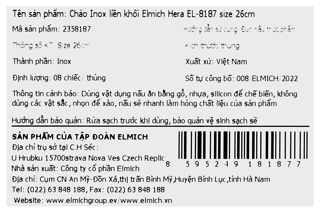 Chảo inox sâu chống dính vân đá đáy từ 26 cm Elmich Hera EL-8187 Màu Tím