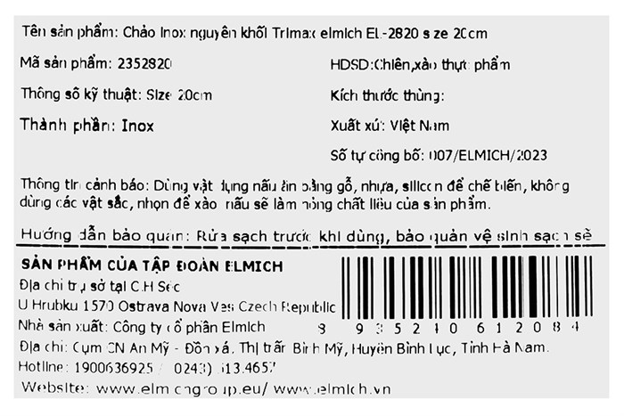 Chảo inox nguyên khối đáy từ 20 cm Elmich Trimax EL-2820 Màu Inox