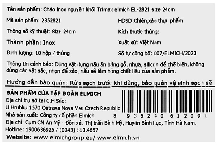 Chảo inox nguyên khối đáy từ 24 cm Elmich Trimax EL-2821 Màu Inox