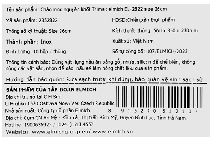 Chảo inox nguyên khối đáy từ 26 cm Elmich Trimax EL-2822 Màu Inox