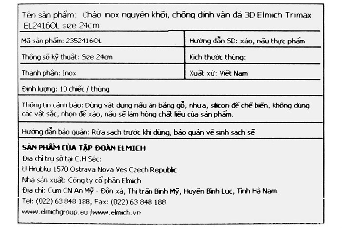 Chảo inox sâu chống dính vân đá đáy từ 24 cm Elmich Trimax EL2416OL Màu Inox