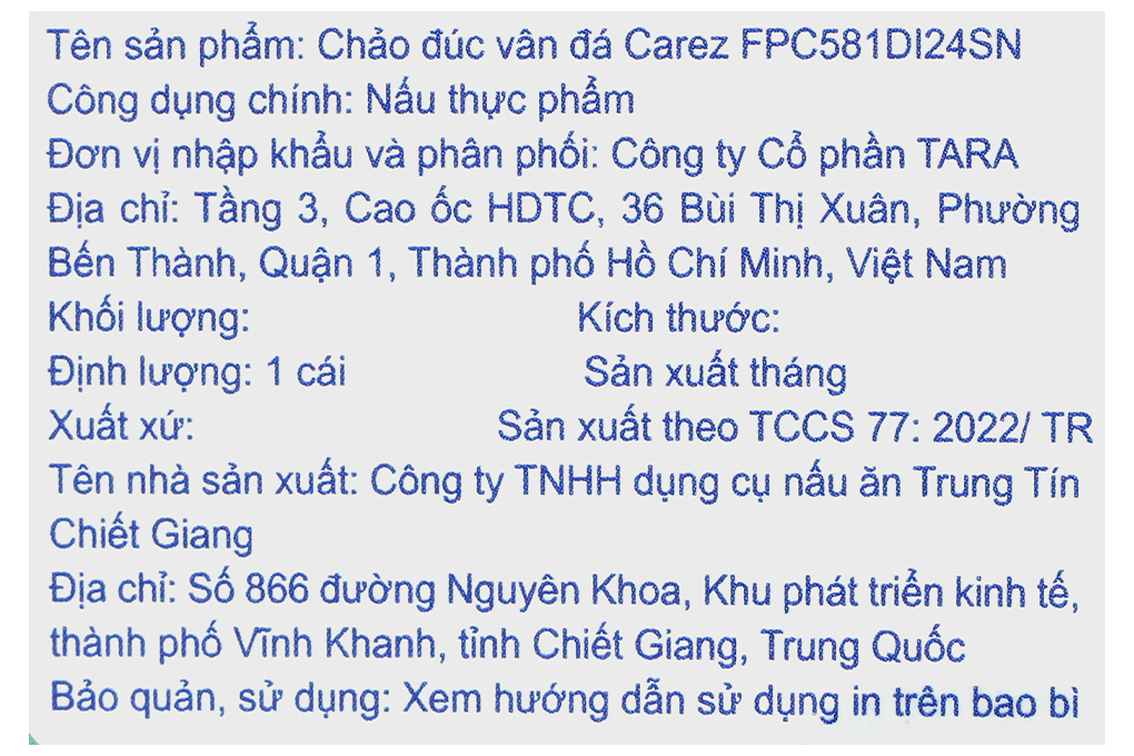 Chảo nhôm chống dính vân đá đáy từ 24 cm Carez FPC581DI24SN Màu Xanh ngọc