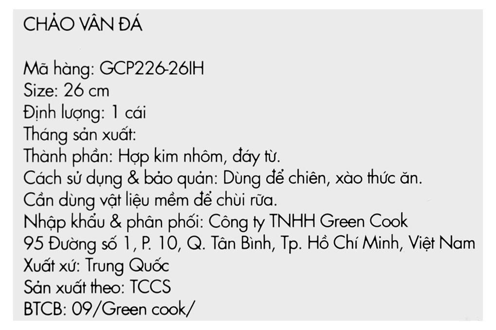 Chảo nhôm sâu chống dính vân đá đáy từ 26 cm Green Cook GCP226-26IH Màu Kem