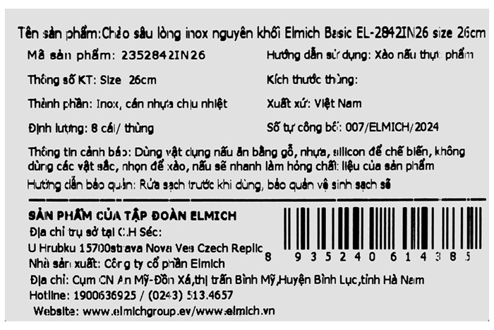 Chảo inox nguyên khối sâu đáy từ 26 cm Elmich Basic EL-2842IN26 Màu Inox